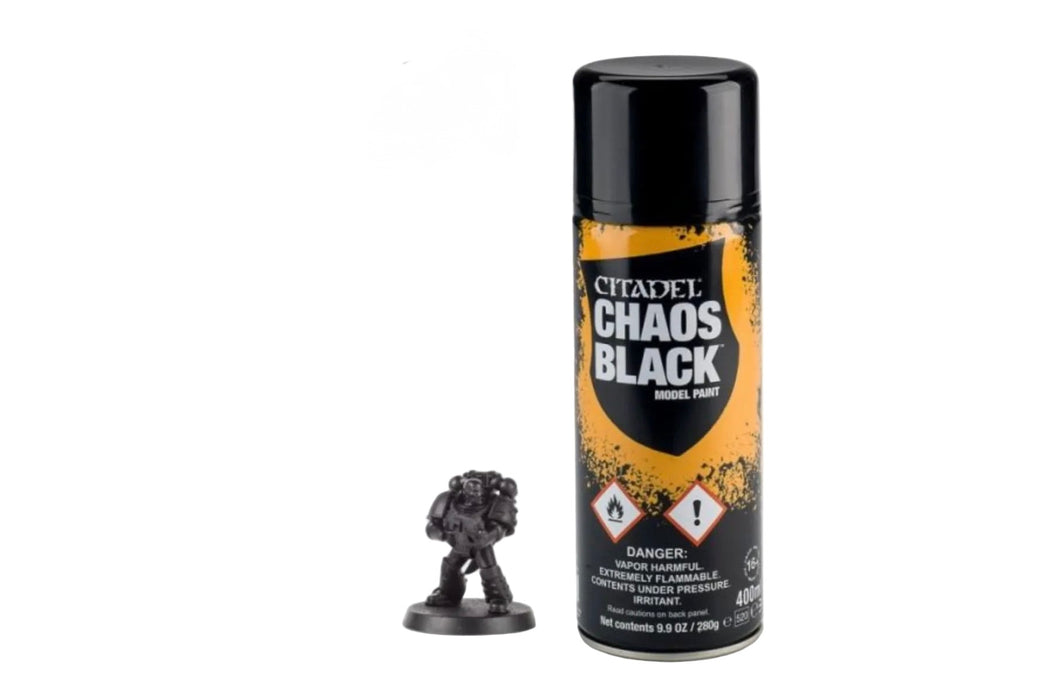 Citadel Chaos Black spray can with a small figurine on a white background