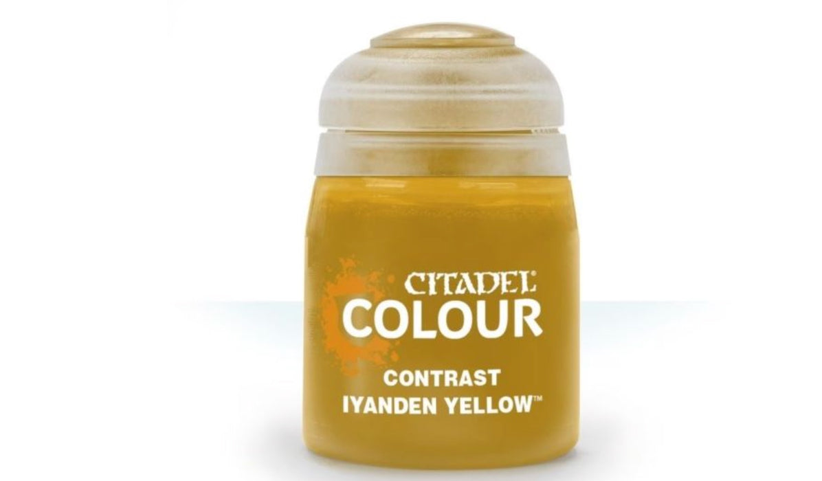 Yellow paint jar labeled 'Citadel Colour' on a white background