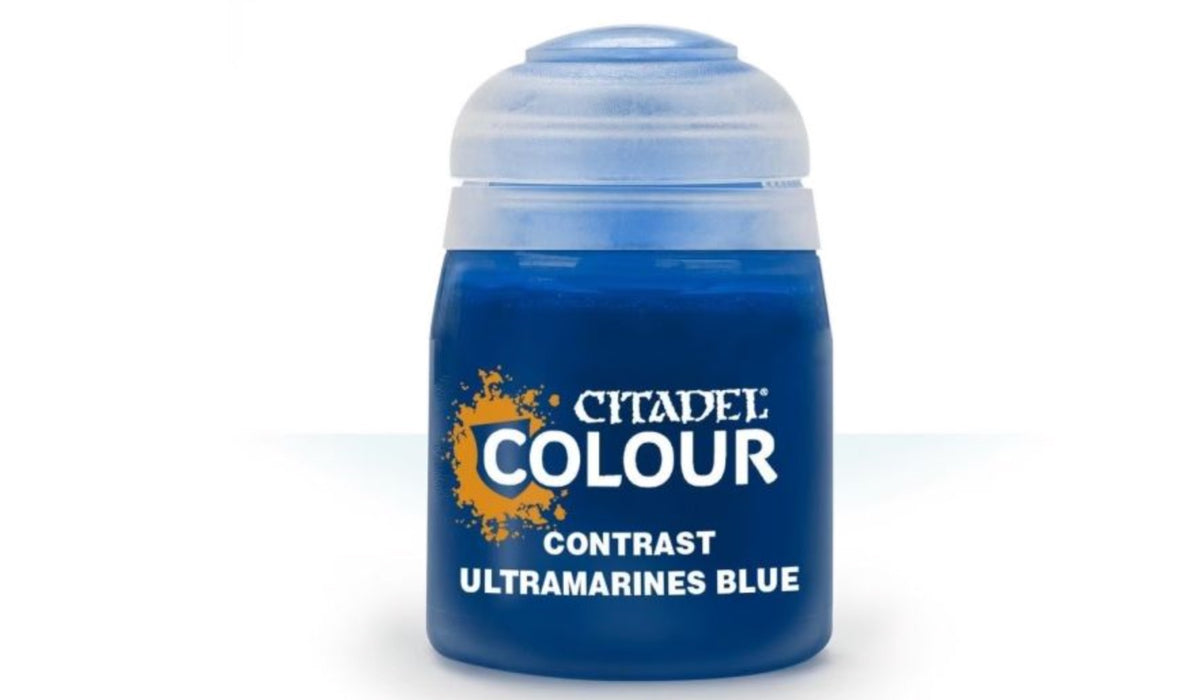 Blue paint can labeled 'Citadel Colour Contrast Ultramarines Blue' on a white background