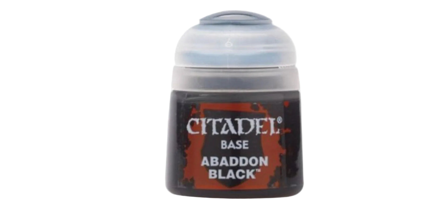  Citadel paint can labeled 'Base Abaddon Black' on a white background