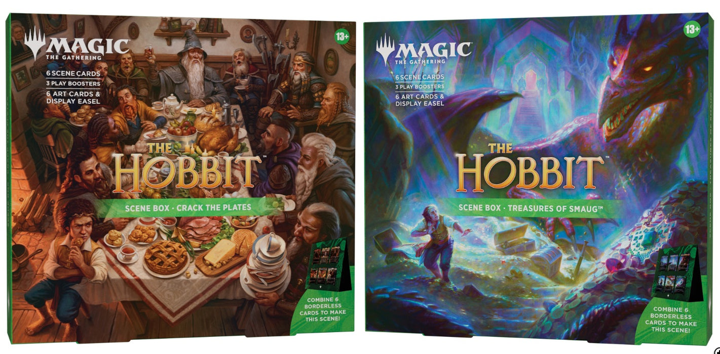 Two Magic: The Gathering TCG box sets side by side: The Hobbit Scenic Box: Crack the Plates on the left and The Hobbit Scenic Box: Treasures of Shadow on the right, both featuring colorful fantasy artwork and green Magic branding.