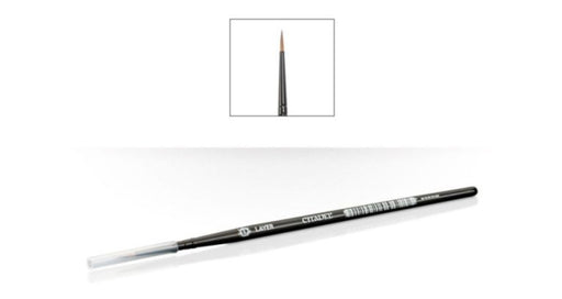Black makeup brush with close-up inset on a white background