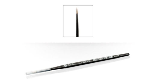 Black makeup brush with close-up inset on a white background