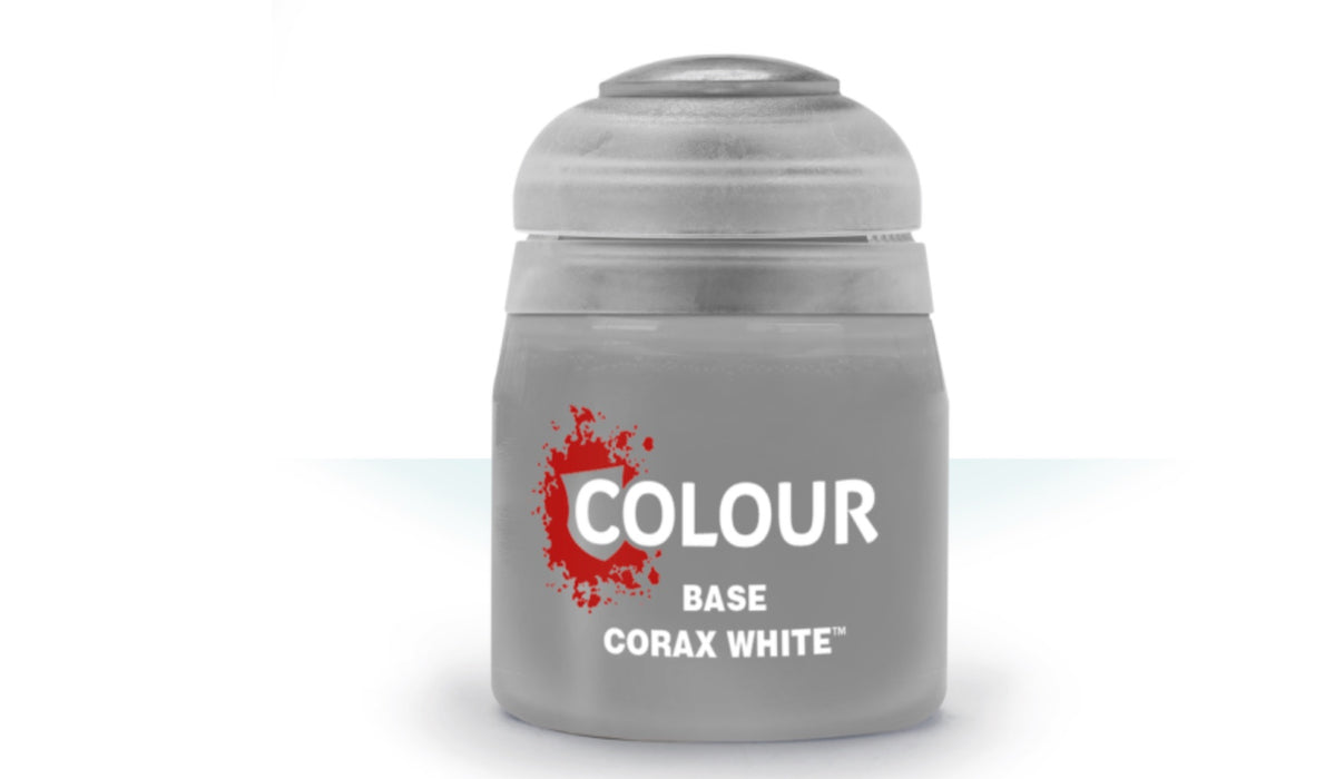 Gray paint can labeled 'Base Corax White' on a white background