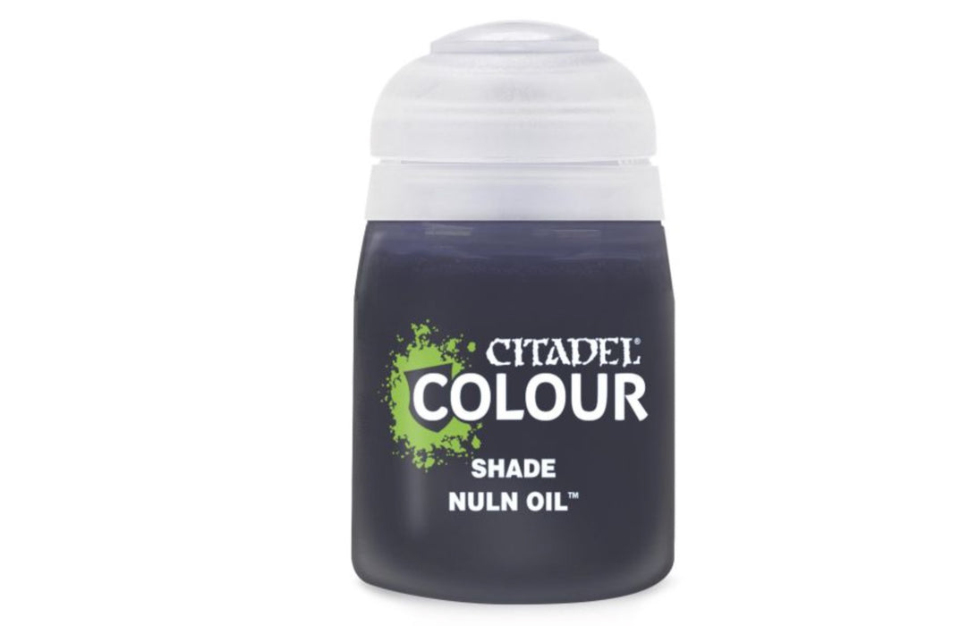 Bottle of Citadel Colour Shade Nuln Oil on a white background