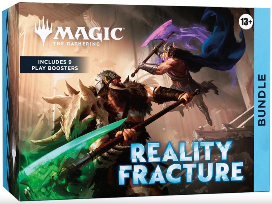 Magic: The Gathering Reality Fracture Bundle box art showing illustrated fantasy battle artwork, with visible Magic branding, 'Includes 9 Play Boosters,' '13+' age icon, and 'Bundle' text on a blue side panel.