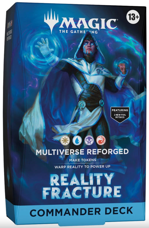 Magic: The Gathering Multiverse Reforged Reality Fracture Commander Deck box art, featuring a hooded mage casting magic against a blue cosmic background.